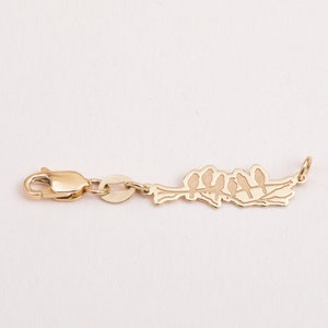 Tiny Birds Removable Tag, 14K 18K Solid Gold Necklace or Bracelet Extender, Birds on Branch, Nature Lover Gift, Add to Chain, Inch Extender image 1