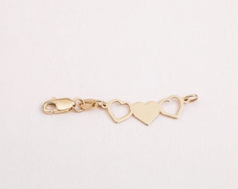 Open Heart Links for Necklace or Bracelet, 14K 18K Solid Gold Heart Chain Extender, Removable Triple Hearts Tag, Gift for Sister, Tiny Heart