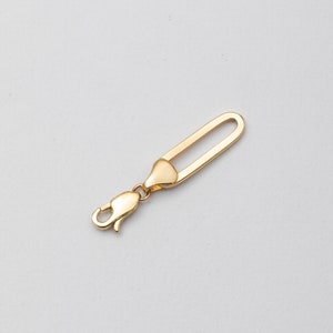 Pode incluir: Um fecho de joia dourado com um fecho de lagosta e um la&ccedil;o longo e retangular. O fecho foi projetado para conectar duas pe&ccedil;as de joalheria. O fundo &eacute; cinza claro liso.