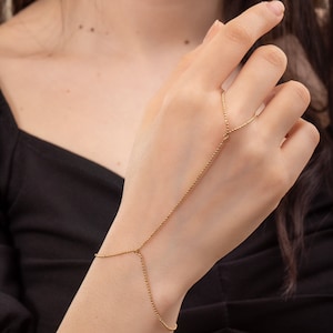 14K 18K Solid Gold Ball Bead Chain Bracelet, Dainty Beaded Hand Bracelet, Bridal Jewelry, Finger Bracelet for Her, Gift for Wife, Ring Chain