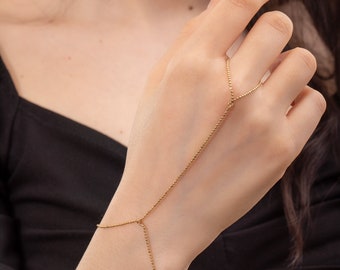 14K 18K Solid Gold Ball Bead Chain Bracelet, Dainty Beaded Hand Bracelet, Bridal Jewelry, Finger Bracelet for Her, Gift for Wife, Ring Chain