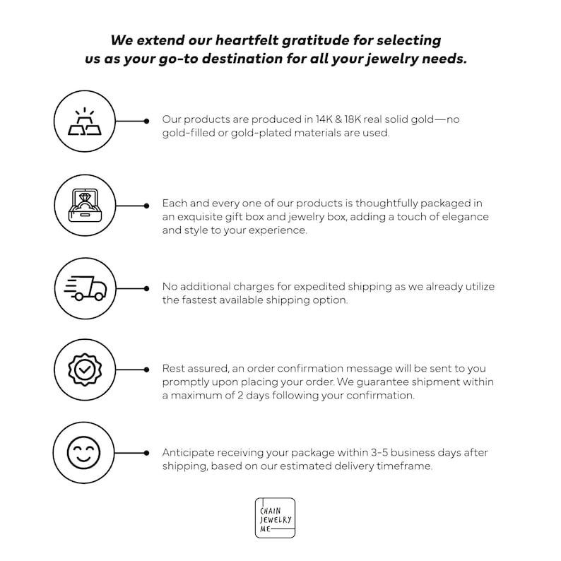 Pode incluir: Gr&aacute;fico branco com texto sobre produ&ccedil;&atilde;o, embalagem e envio de joias. O texto inclui "ouro maci&ccedil;o real 14K e 18K" e "caixa de presente requintada". O logotipo "Chain Jewelry Me" est&aacute; na parte inferior.
