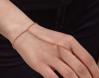 Rolo Chain Hand Bracelet, 14K 18K Real Solid Gold Everyday Hand Chain, Dainty Rolo Chain Sahmeran Bracelet, Finger Bracelet, Gift for Women