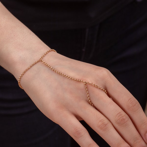 Rolo Chain Hand Bracelet, 14K 18K Real Solid Gold Everyday Hand Chain, Dainty Rolo Chain Sahmeran Bracelet, Finger Bracelet, Gift for Women