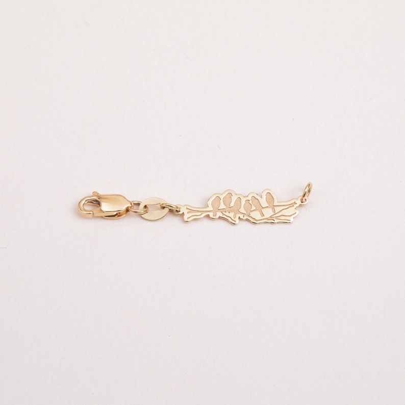 Tiny Birds Removable Tag, 14K 18K Solid Gold Necklace or Bracelet Extender, Birds on Branch, Nature Lover Gift, Add to Chain, Inch Extender image 1