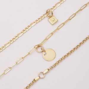 Può includere: Tre catene d'oro con diversi stili di maglie. La catena superiore ha un piccolo ciondolo a forma di lucchetto. La catena centrale ha un ciondolo rotondo con un piccolo diamante. La catena inferiore ha uno stile di maglia più delicato.