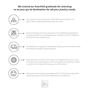 K&ouml;nnte beinhalten: Illustration von f&uuml;nf Symbolen mit Text, der die Vorteile des Einkaufs bei einem Juwelier beschreibt. Die Symbole beinhalten Goldbarren, eine Geschenkbox, einen Lieferwagen, ein H&auml;kchen und ein Smiley. Der Text enth&auml;lt S&auml;tze wie "echtes Massivgold", "sorgf&auml;ltig verpackt", "Expressversand", "Bestellbest&auml;tigung" und "3-5 Werktage".