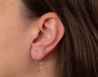 Boucles d'oreilles en chaîne de Singapour en or jaune massif 14K, maillons de chaîne de Singapour torsadés, bijoux d'oreille délicats, goujons de chaîne scintillants, bijoux Boho