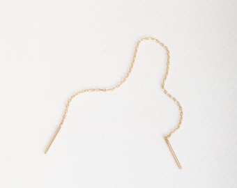 14K 18K Solid Gold Long Chain Earrings, Cable Chain Threader Earrings, Dangling Ball Bead & Cuban Chain, Dainty Ear Threader, Gift for Women