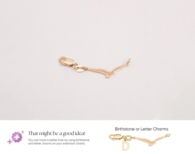 14K 18K Solid Gold Seagull Necklace or Bracelet Extender, Dainty Gull Tiny Tag, Traveler Gifts, Removable Bird Tag, Spring or Lobster Clasp image 1