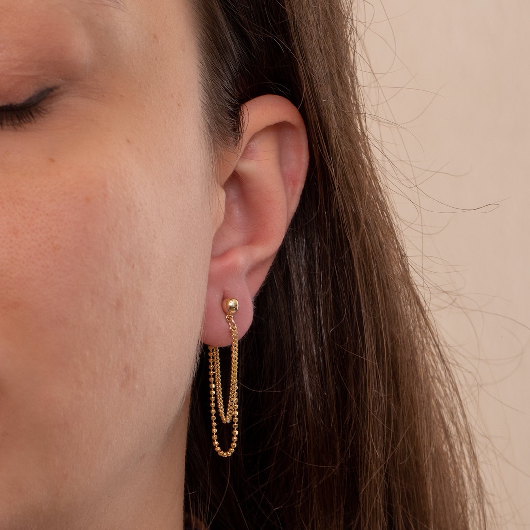 Bead Chain Earrings in 14K 18K Solid Gold Ball Bead Chain Etsy