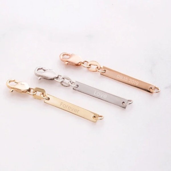Custom Engraved Bar Tag Extender, 14K 18K Real Gold Removable Bar Tag, Personalized Tiny Bar Tag, Extend Your Necklace, Lobster&Spring Clasp