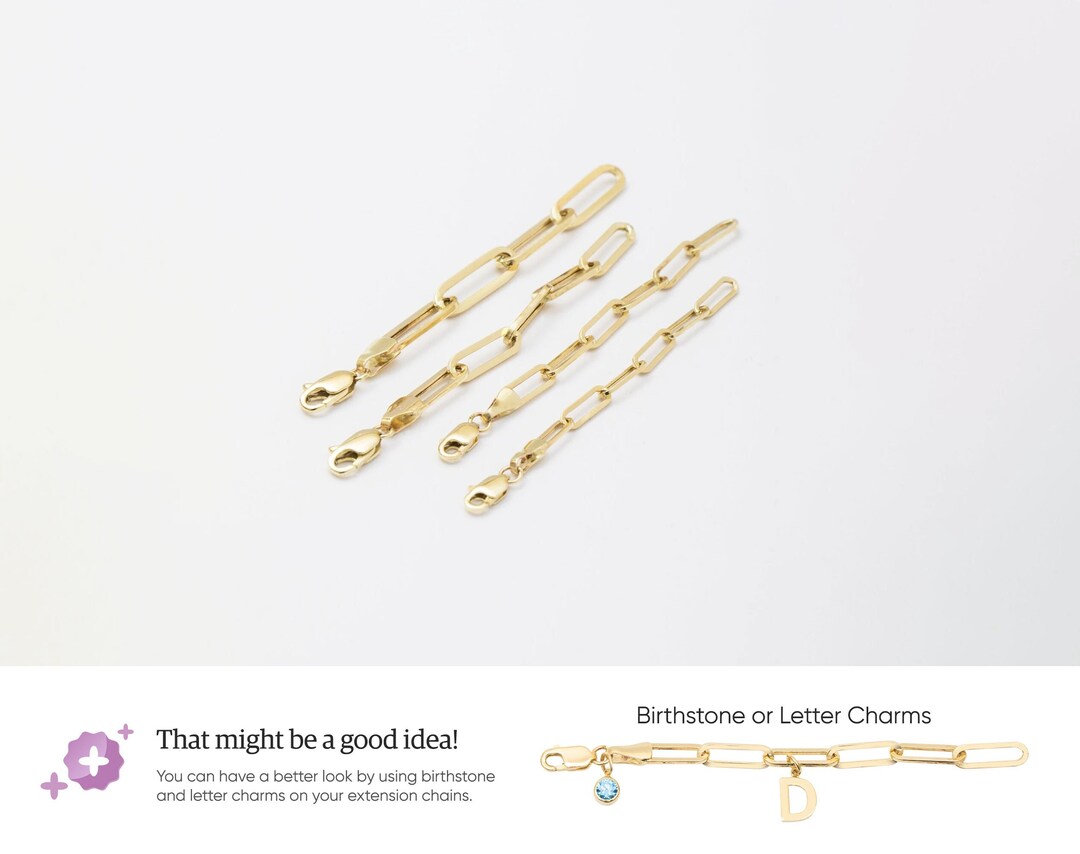 Paperclip Extension Chain in 14K Real Gold, Elongated Link Chain