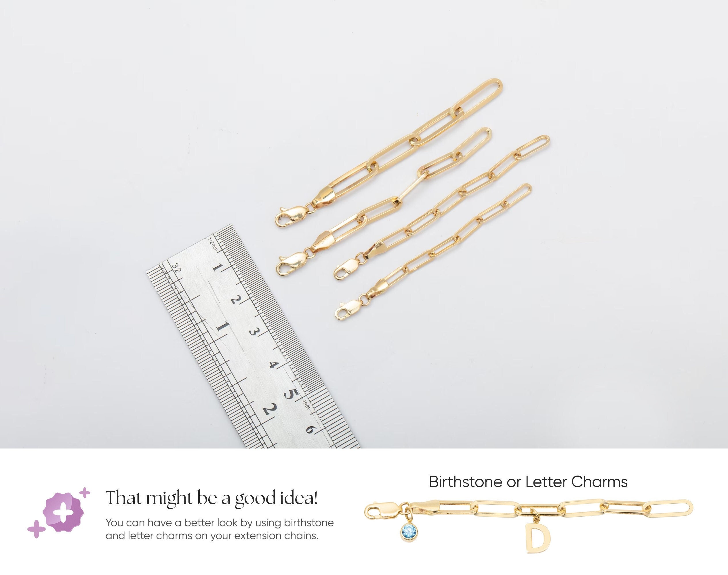 Paperclip Necklace or Bracelet Extender 14K REAL Gold, 3.10mm 3.60mm 4.30mm 5.30mm Wide Oval Link Chain Extension Gift for Men or Women