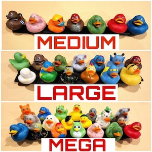May include: A collection of rubber ducks in various sizes and colours, including yellow, red, blue, green, and black. The ducks are arranged in three rows, labelled "MEDIUM", "LARGE", and "MEGA", indicating their size.