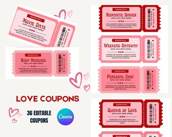 Customizable Love Coupon Book, Love Editable Coupon Template, Printable Love Coupons, Coupon Book Template, Love Coupons, Couple Coupons