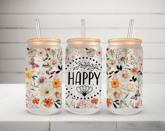 Glas mit Bambusdeckel Trinkglas Kaffeeglas mit Strohhalm "Happy"