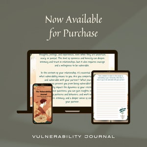 Puede incluir: Anuncio de un producto digital que muestra una computadora portátil, una tableta y un teléfono inteligente. Las pantallas muestran páginas de diario con texto sobre la vulnerabilidad en las relaciones. El teléfono inteligente muestra una portada de diario con una ilustración de pareja.