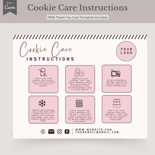 Cookie Care Instructions Card Canva Template, Cake care cards, Cookie Business Thank You Card, Bakery Business Canva Template