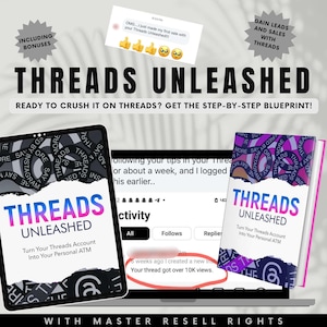 May include: A computer screen displaying a digital marketing course titled "Threads Unleashed: Turn Your Threads Account Into Your Personal ATM". The course promises to help users gain leads and sales with Threads. The screen also shows a testimonial from a satisfied customer who made their first sale using the course.