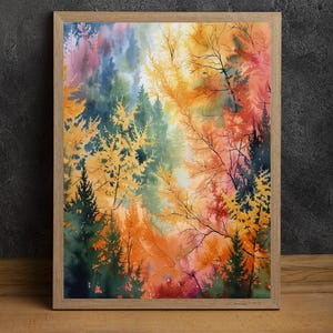 Bos aquarelverf, digitale print voor onmiddellijke download, woondecoratie