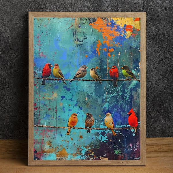 Birds on a Wire 2, Digital Print for Immediate Download, Detailed Gallery Art, Maximalist Wall Art, Vivid Fine Art print