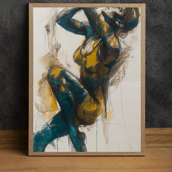 Mixed Media Figure Drawing2, with Conte crayon highlights, Digital Print, Immediate Download, Gallery Wall Art, Fine Art,Tasteful Home Decor