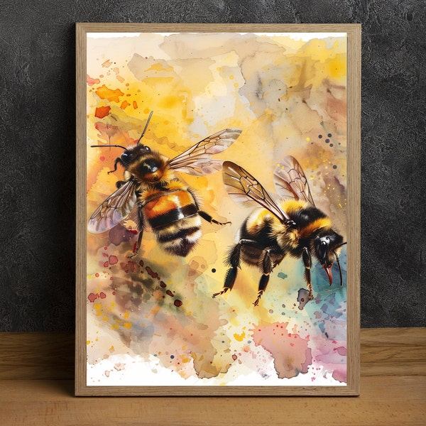 Honeybee Watercolor Painting, Digital Print for Immediate Download, Detailed Gallery Art, Wall Art, Fine Art print, Home Decor, Wildlife