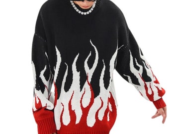 Fire Flame Graphic Knit Sweater, Unisex Print Sweatshirt, Streetwear y2k Sweater