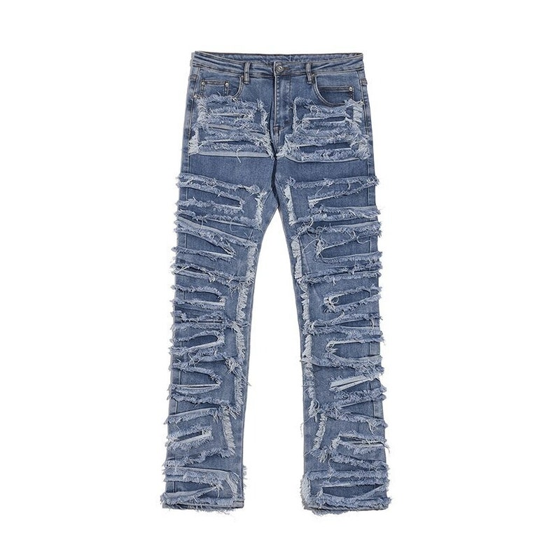 Blue Stacked Frayed Denim Jeans Streetwear Y2k Flared Pants - Etsy