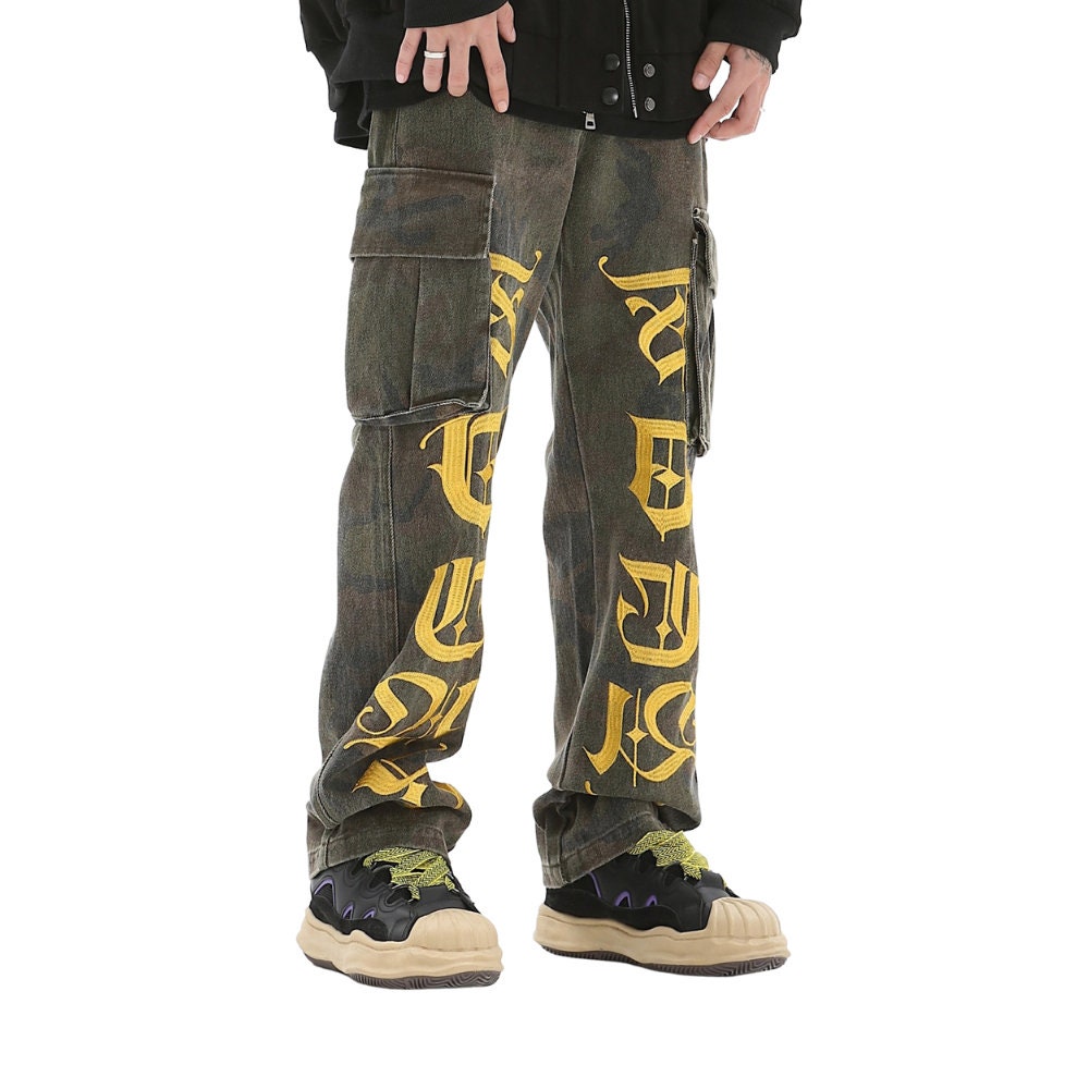 Graphic Painted Cargo Stacked Jeans Men Utility Jeans - Etsy