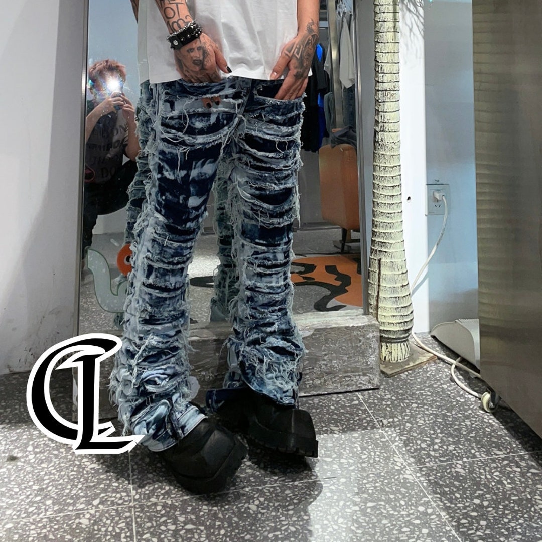 Opium Distressed Stack Jeans Baggy Ripped Jeans Acid Painted 
