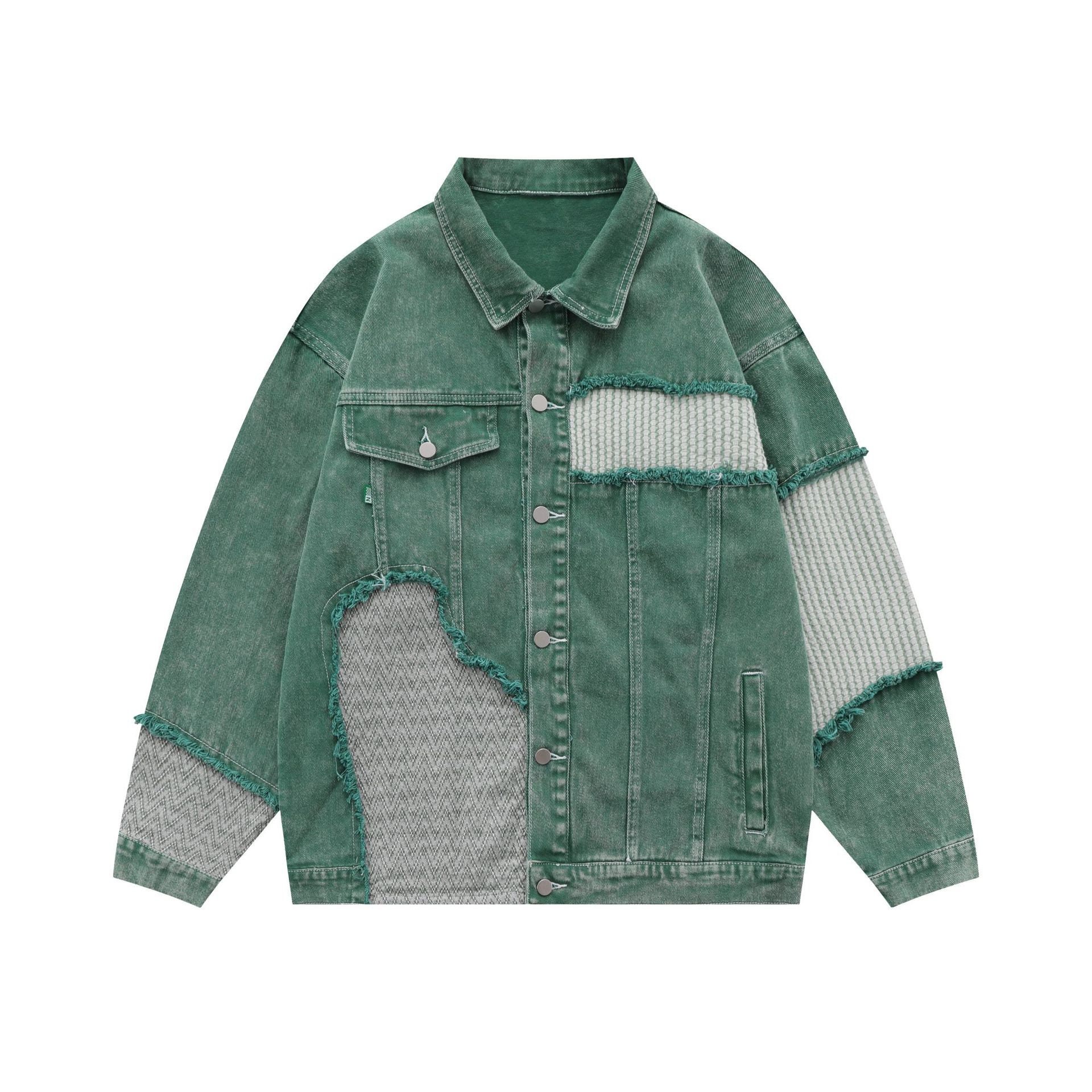 Patchwork Washed Green Denim Jacket Unisex Streetwear - Etsy