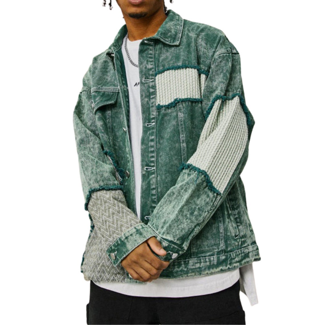Patchwork Washed Green Denim Jacket Unisex Streetwear Etsy