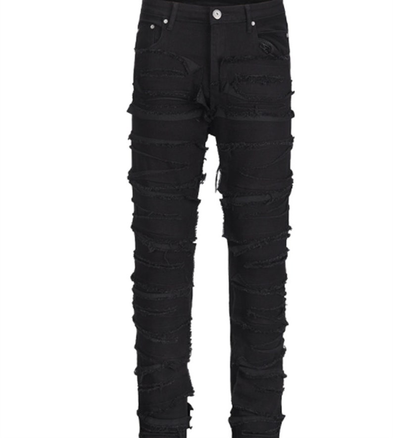 Black Stacked Denim Jeans Streetwear Y2k Frayed Distressed - Etsy