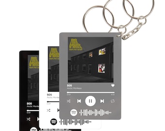 Puede incluir: Un llavero gris y blanco con una imagen en blanco y negro de una casa y el texto "Arctic Monkeys" y "505". El llavero está diseñado como un reproductor de música Spotify con botones de reproducción, pausa y salto.
