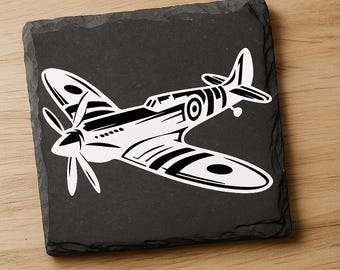 Aeroplane Airplane Spitfire UV Printed Natural Slate Coaster Square B/W Gift