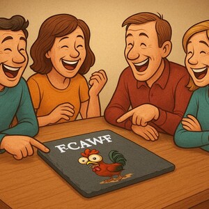 May include: Illustration of four people laughing around a table. They are pointing at a slate board with the letters FCAWF and a cartoon rooster. The people are wearing casual clothing in shades of blue, orange, and red.