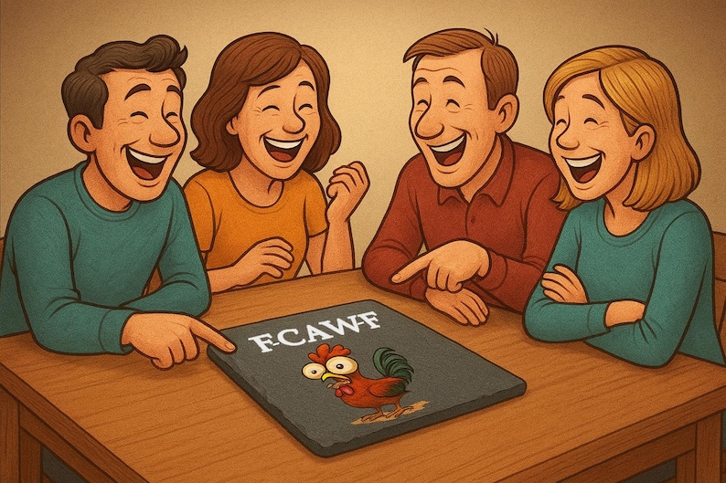 May include: Illustration of four people laughing around a table. They are pointing at a slate board with the letters FCAWF and a cartoon rooster. The people are wearing casual clothing in shades of blue, orange, and red.