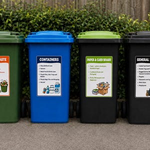 May include: Four recycling bins with different coloured lids and labels. The bins are green, blue, black, and black. The labels read "Food Waste", "Containers", "Paper & Card Board", and "General Rubbish".