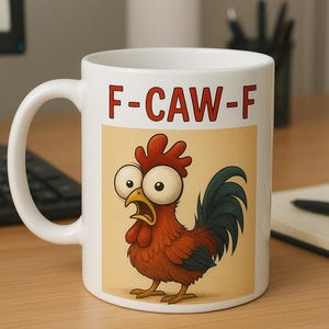 May include: White ceramic mug with a cartoon rooster illustration. The rooster is depicted with large eyes and an open beak, in shades of red, orange, and brown. The mug has the text "F-CAW-F" in red.
