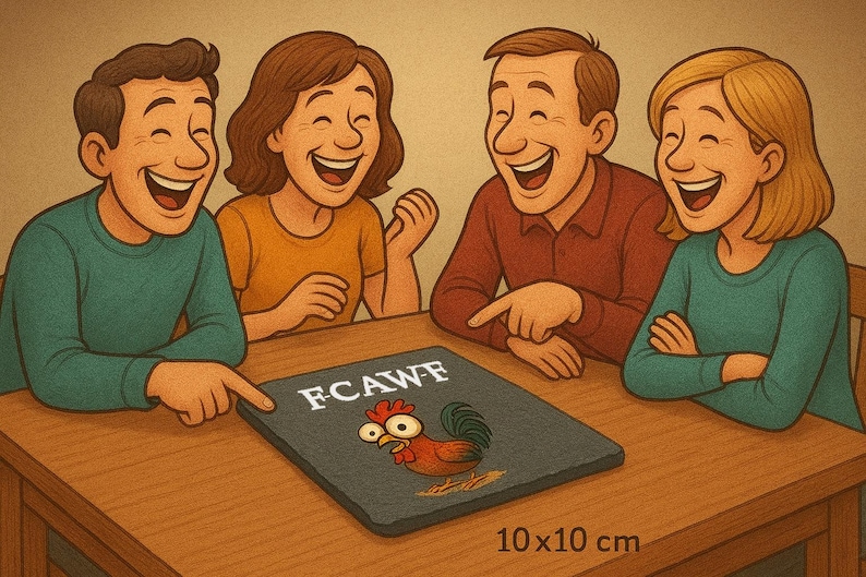 May include: Illustration of four people laughing around a table. A slate board with the text "FCAWF" and a cartoon rooster is on the table. The slate board measures 10 x 10 cm.
