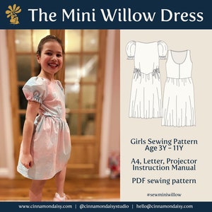 May include: A sewing pattern for a mini willow dress for girls, ages 3 to 11 years. The pattern includes instructions for making the dress with puff sleeves and a gathered skirt. The pattern is available as a PDF download.