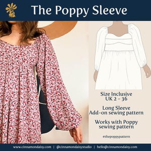 May include: A pink floral dress with long sleeves and a square neckline. The image shows a line drawing of the dress and text that reads "The Poppy Sleeve" and "Size Inclusive UK 2-36". The dress is designed with a flowing silhouette.