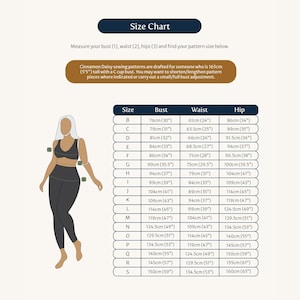 May include: A size chart for sewing patterns, with measurements in inches and centimetres for bust, waist, and hips. The chart includes sizes B through S.