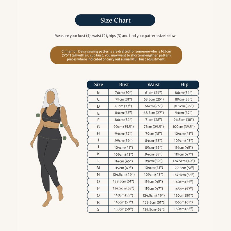 May include: A size chart for sewing patterns, with measurements in inches and centimetres for bust, waist, and hips. The chart includes sizes B through S.