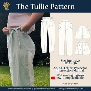 Op de afbeelding: Het PDF-naaipatroon The Tullie Pattern toont een lichtgroene broek met een strikceintuur en zijzakken. De afbeelding bevat technische lijntekeningen van broeken en shorts, maten UK 2-36, en instructies voor A0, A4, Letter en Projector.