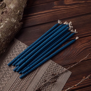 Set of 5 - 100 pc. Blue twisted natural organic pure beeswax church ritual altar spiritual thin colored candle
