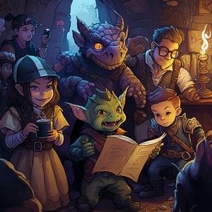 以下が含まれることがあります： 紫色のドラゴンと子供たちが、本を読んでいる緑色のゴブリンの周りに集まっています。ゴブリンは赤いベストと茶色のズボンを着用しています。子供たちは、青いシャツ、茶色のドレス、緑色のシャツなど、さまざまな服装をしています。ドラゴンは黒と茶色のマントを着用しています。