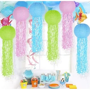Jelly Fish Paper Lanterns 4pk. Purple Pink Green Blue Lantern, Mermaid Unicorn Theme Party Supplies, Sea Ocean Birthday Party Decorations